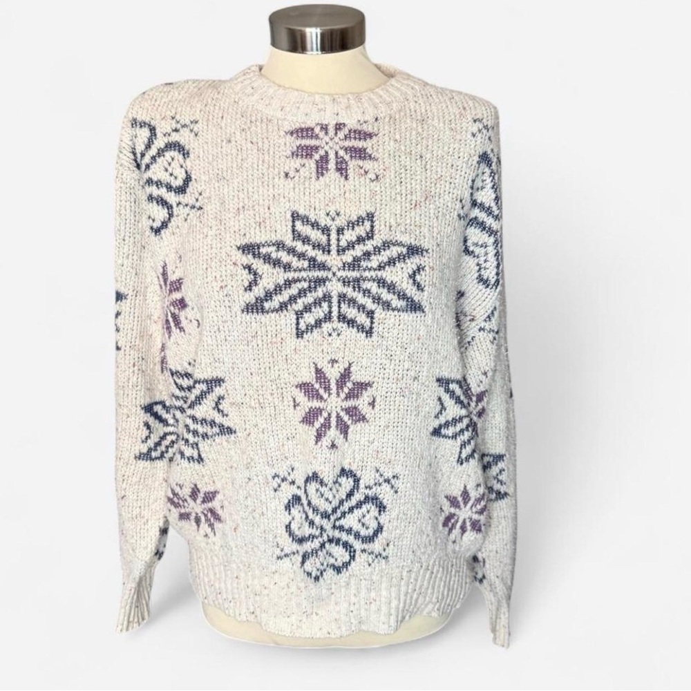 Women's Cream Sweater with Blue and Purple Snowflake Pattern